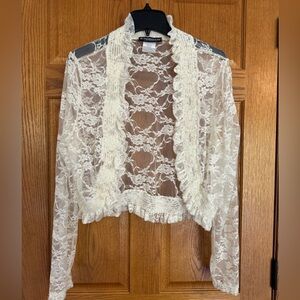 Vintage Pyramid Collection Ivory Lace Ruffle Cardigan | Women’s Large